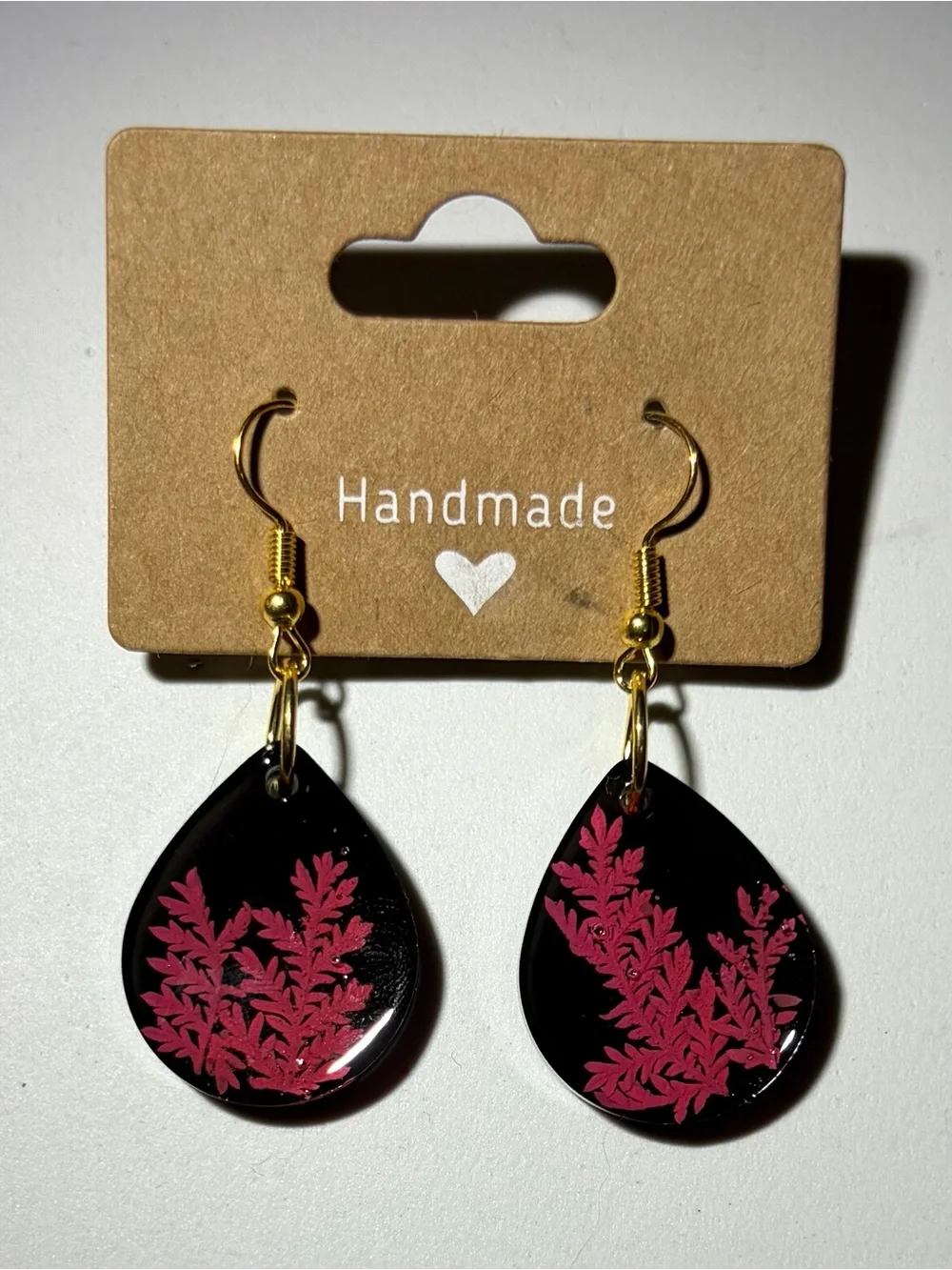 Black Teardrop Earrings with Pink Botanical Design